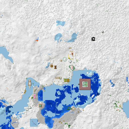 A top-down map showing the main "town" area of the Minecraft world. Shown at 2 square pixels per 1 block.