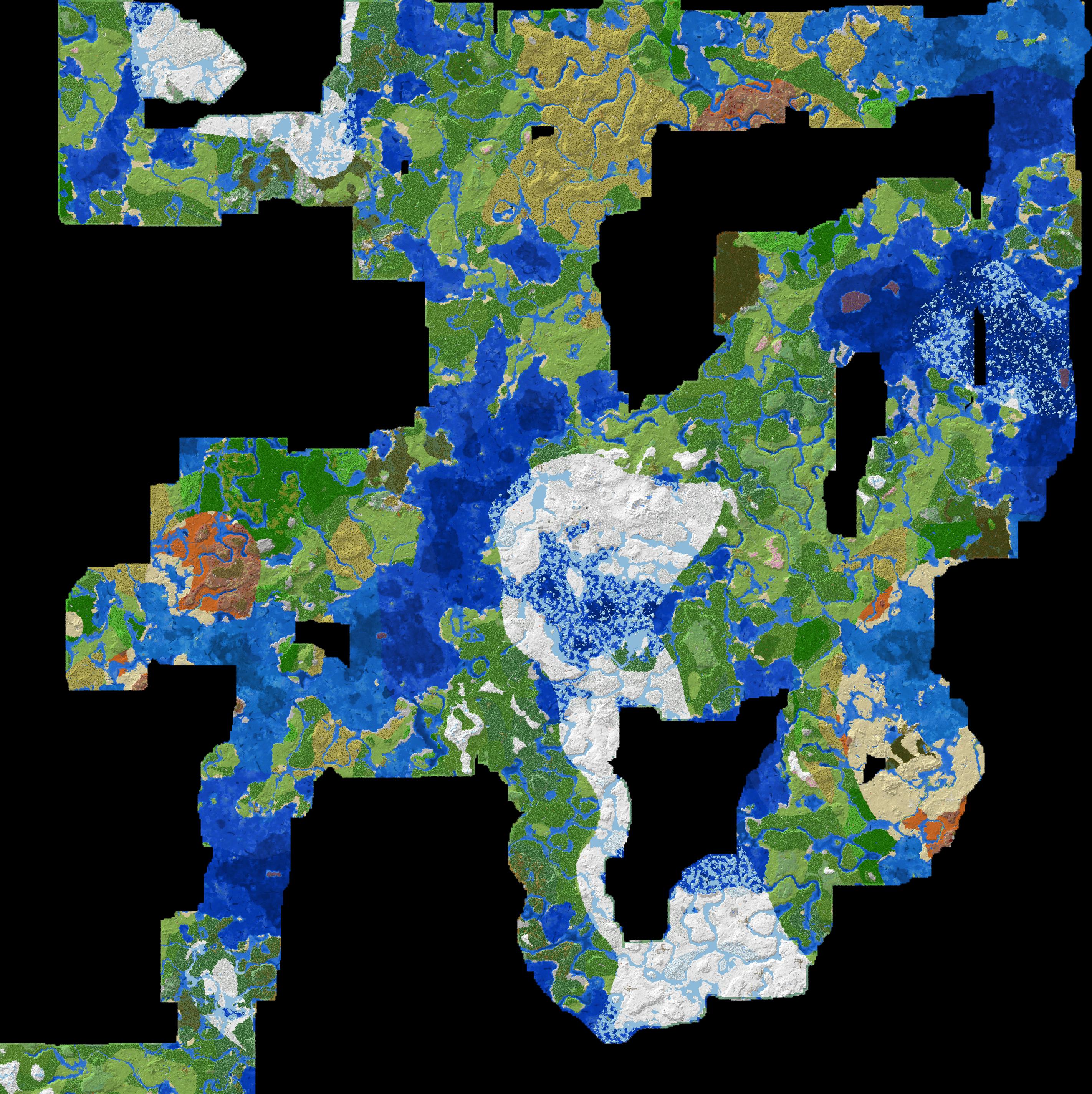 A top-down map showing all explored regions of the Minecraft world. Shown at 1 pixel per 2 square blocks.