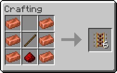 Shaped crafting recipe to produce 6 Powered Rails. First row: Copper Ingot, blank, Copper Ingot; Second row: Copper Ingot, Stick, Copper Ingot; Third row: Copper Ingot, Redstone Dust, Copper Ingot