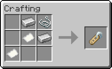 Shaped crafting recipe. First row: (blank), Iron Ingot, String; Second row: (blank), Paper, Iron Ingot; Third row: Paper, (blank), (blank)
